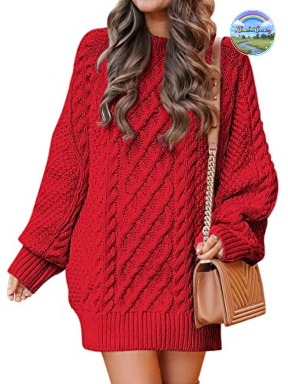 Oversized Cable Knit Mini Sweater Dress Long Sleeve Crewneck